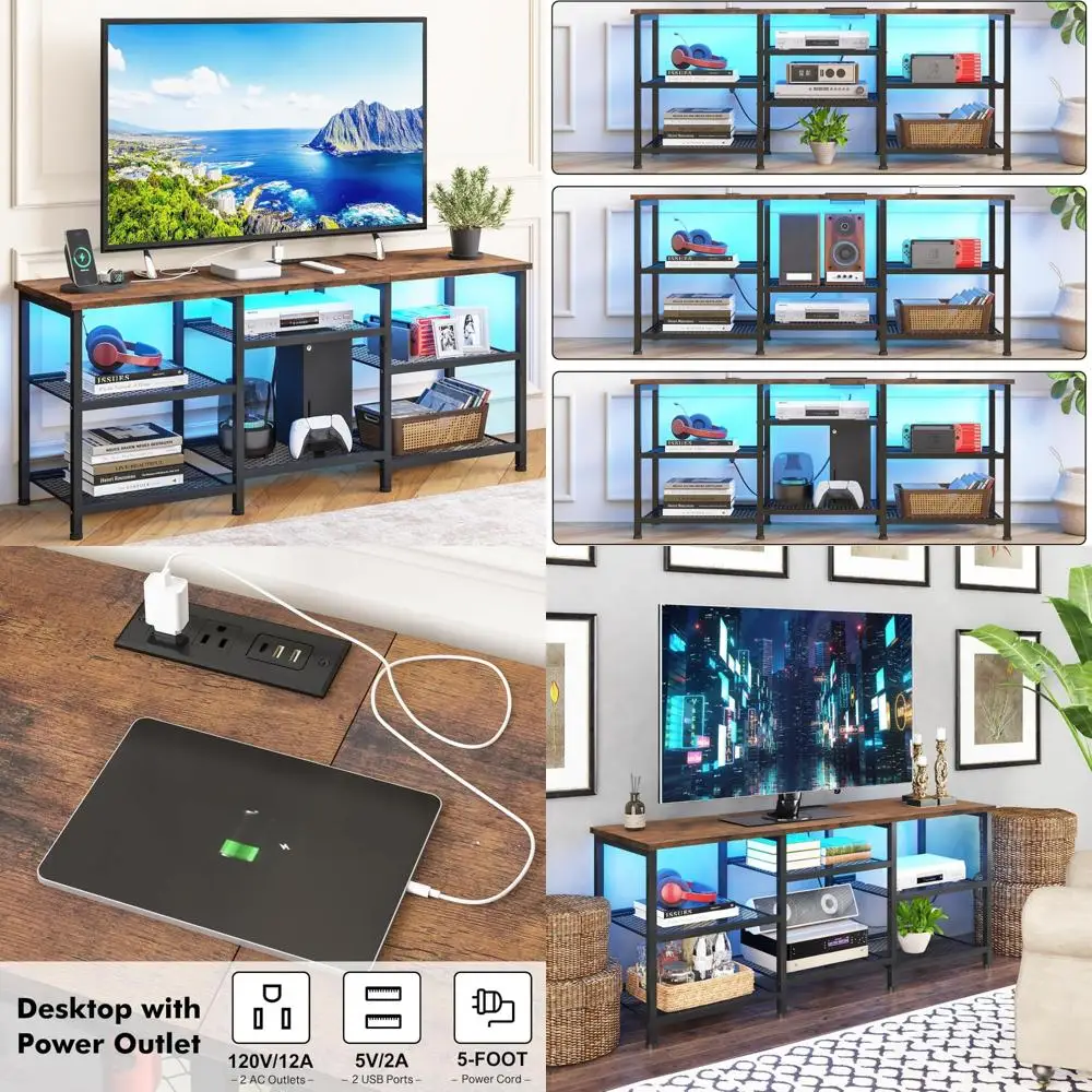 YGEOMER TV Stand for 55 inch TVs, Entertainment Center with Movable Shelf Panels, Power Outlet and LED Lights Open Storage Shelv