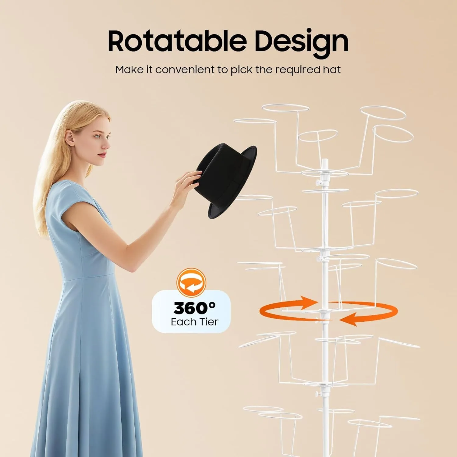 7단 회전식 모자 진열대, 35개 후크가 있는 금속 독립형 모자 보관함, 카우보이 야구 모자 정리대