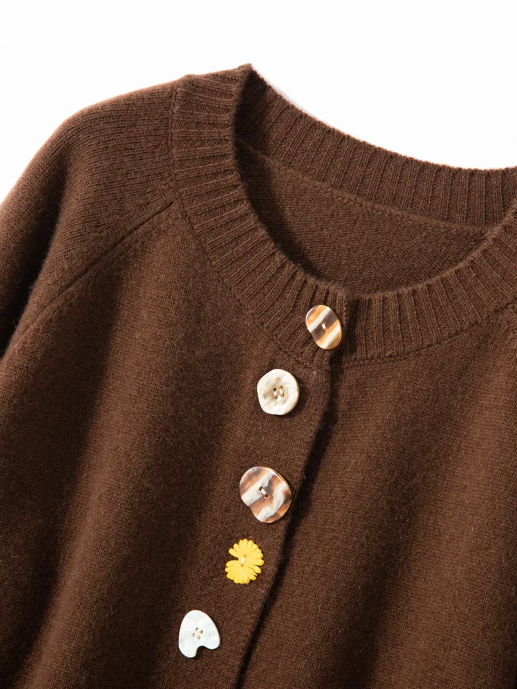 2024 New Spring Autumn Women Sweater O-neck French Style Colorful Buttons Cardigan 100% Cashmere Knitwear Korean Popular Cloth