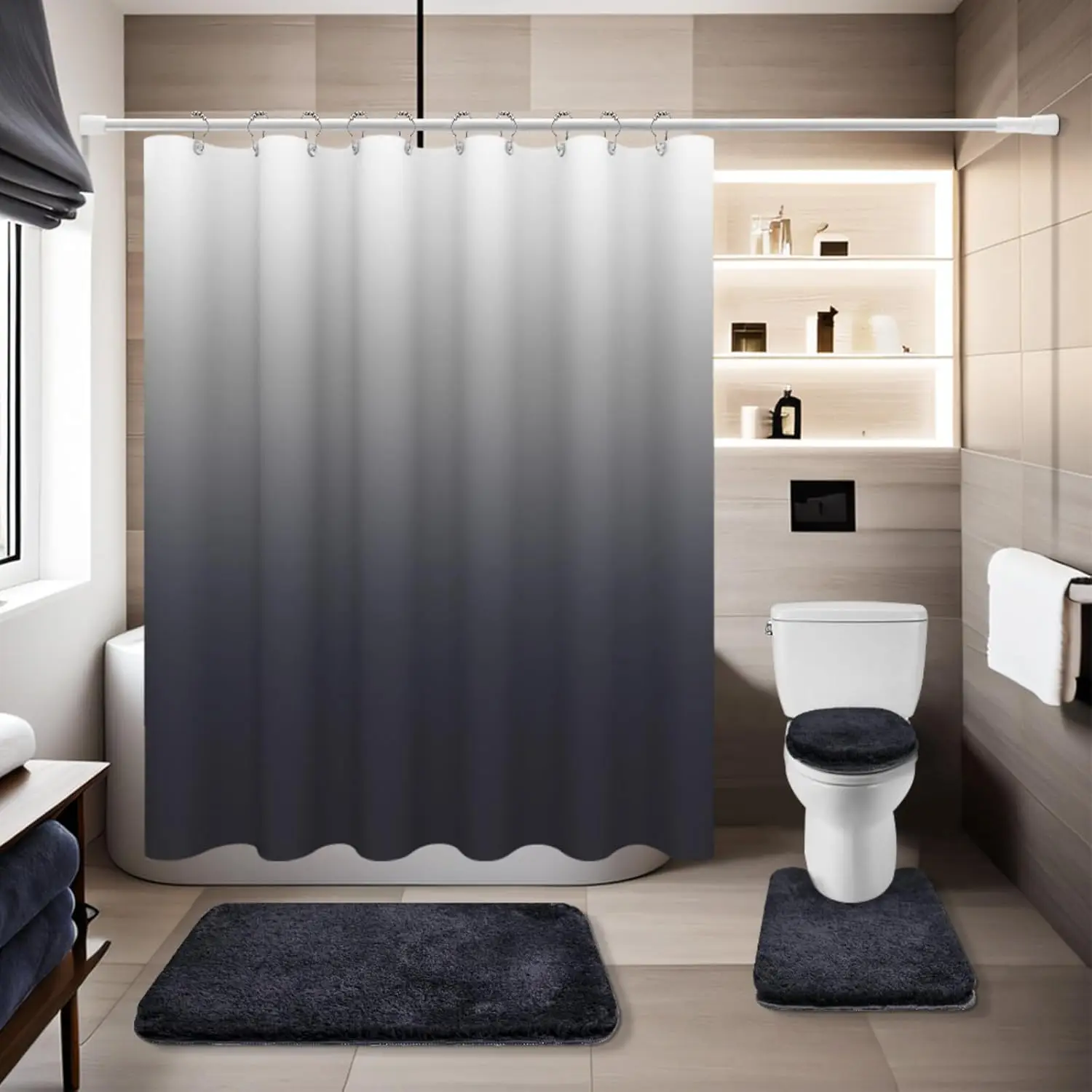 

4-Piece Dark Grey Bathroom Set with Waterproof Shower Curtain, Non-Slip Rugs, and Toilet Lid Cover