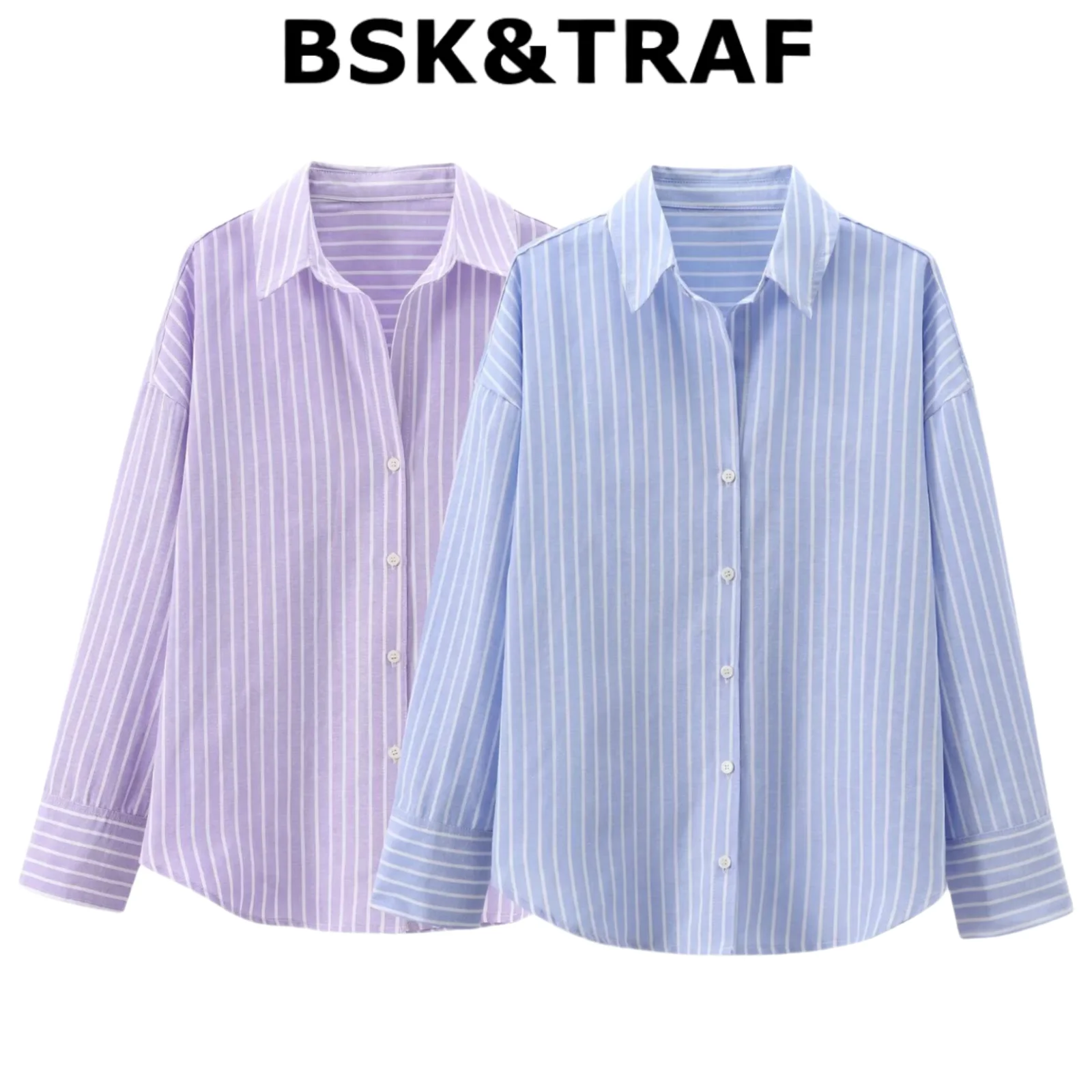 

BSK&TRAF 2024 Summer New Women's Fashion Versatile Casual Loose Striped Patched Long Sleeved Polo Neck Shirt