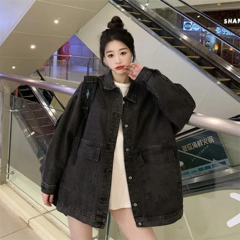 All Season Women Cowboy Coat Jackets New Korean Style Loose Student Harajuku Hong Kong Style Long Sleeve Jacket Women's Clothing