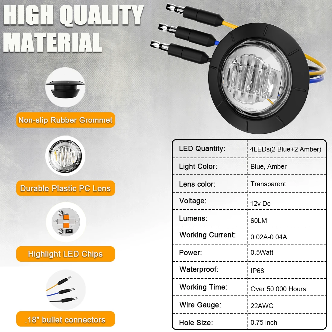 5/20pcs LED Side Marker Lights Dual Color with Bullet Plug Indicator Clearance Light Round 3/4\