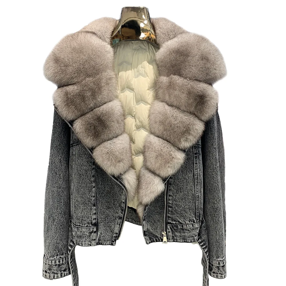 Real Fur Jean Coats Fashion Fur Overcoat Women Denim Jackets with Fox Fur Collar