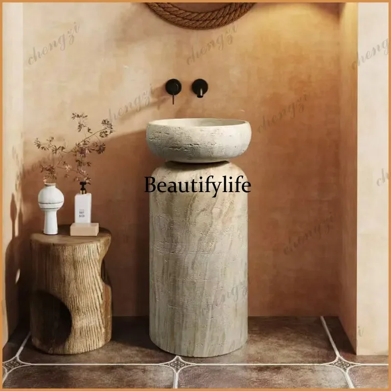 Y136  wabi-sabi style beige travertine family small apartment floor-to-ceiling wash basin hotel outdoor courtyard column basin