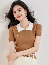 Women TShirts Summer New Color Matching Polo Collar Women's Knitted Short-Sleeved T-shirt Casual Crop Top