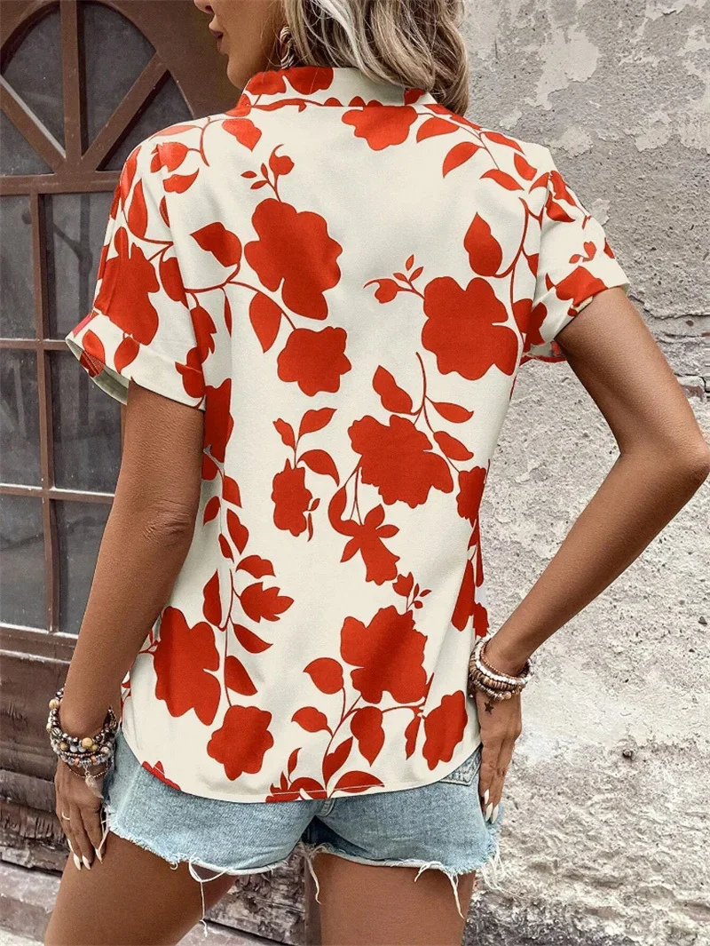 2024 Women Color blocking Prints T-Shirt Fashion New Folded Short Sleeve Tees Female Casual Commuter V Neck Pullover Loose Tops