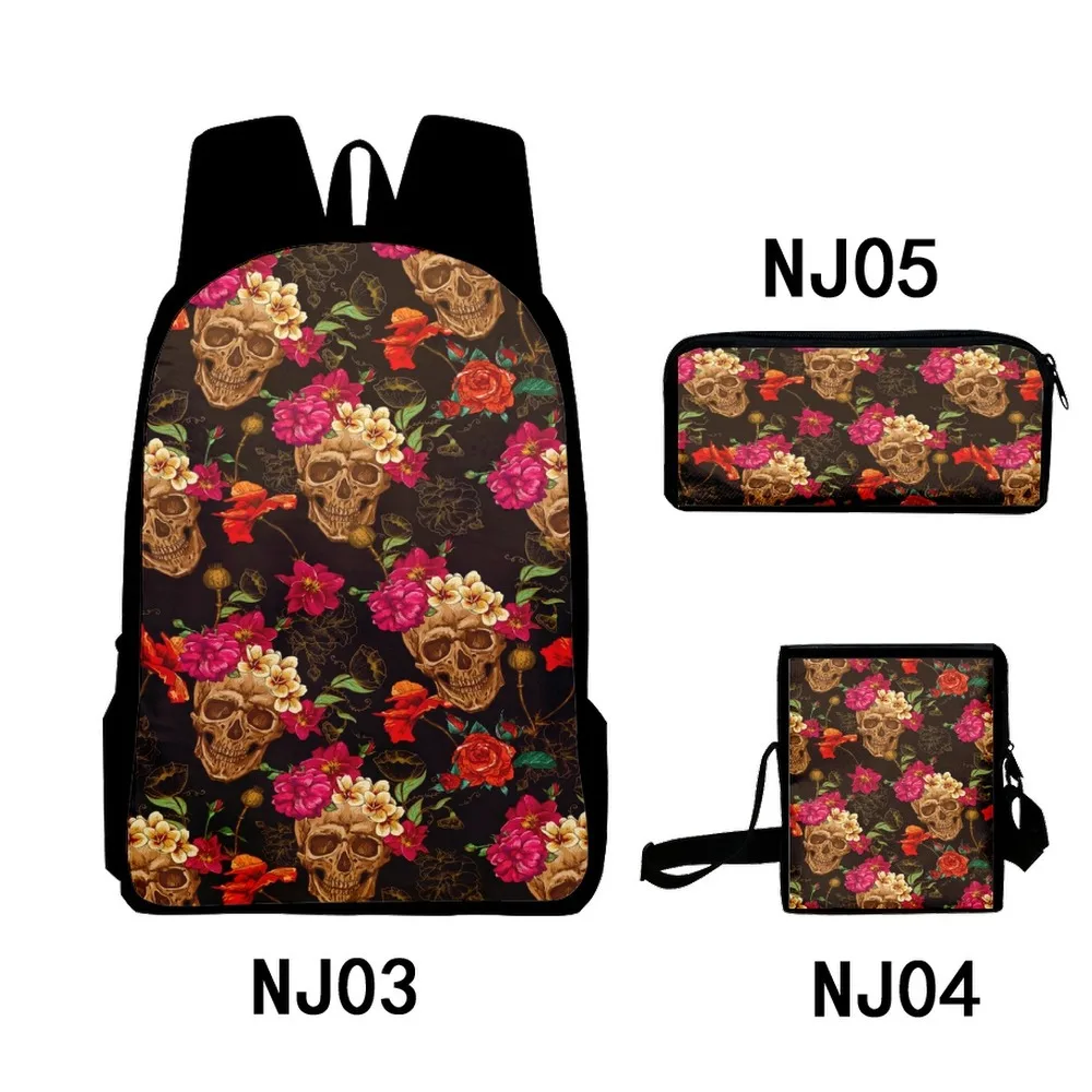 

3pc/set 3D Printed Skull Skeleton Flower Backpack Primary Middle School Students Boys Girls Schoolbag Crossbody Bag Pencil Case