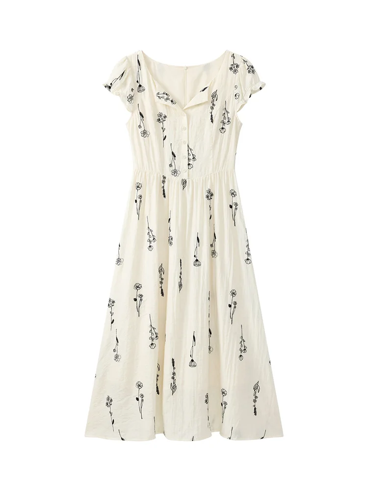 프랑스어 꽃 수 놓은 리넨 드레스 여성 여름 v 넥 짧은 소매 a 라인 맥시 드레스 경량 맞는 허리 드레스 데일리웨어