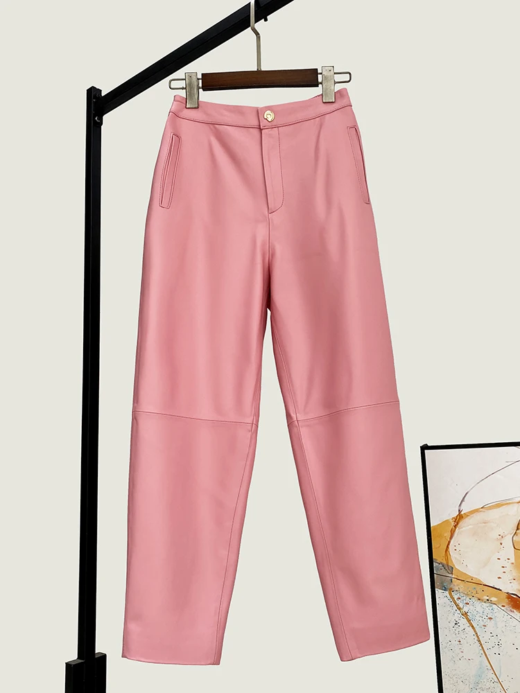 

Winter New High Quality Genuine Real Leather Pants Women's Loose Waist Fashionable All-Match Baggy Cropped