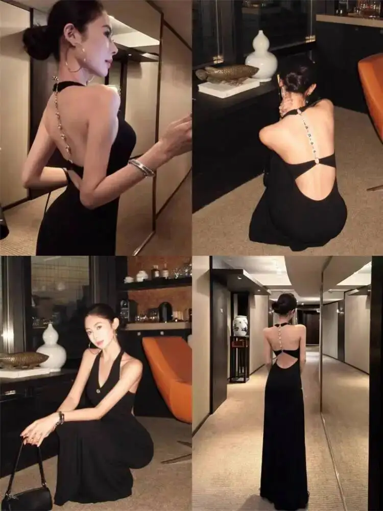 ชุดเดรสปาร์ตี้เปิดหลังสำหรับผู้หญิง ชุดเดรสเปิดหลังเซ็กซี่สำหรับฤดูร้อน ดีไซน์เก๋ไก๋แบบผูกคอ ทรงเข้ารูปสีดำ ชุดเดรสยาวสำหรับงานทางการ
