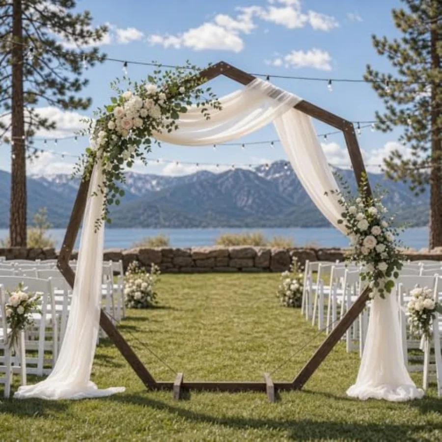 

7FT Wedding Arch, Heptagonal Wood Arch for Wedding Ceremony, Arbor Backdrop Stand for Garden Parties, Indoor, Outdoor, Wooden A