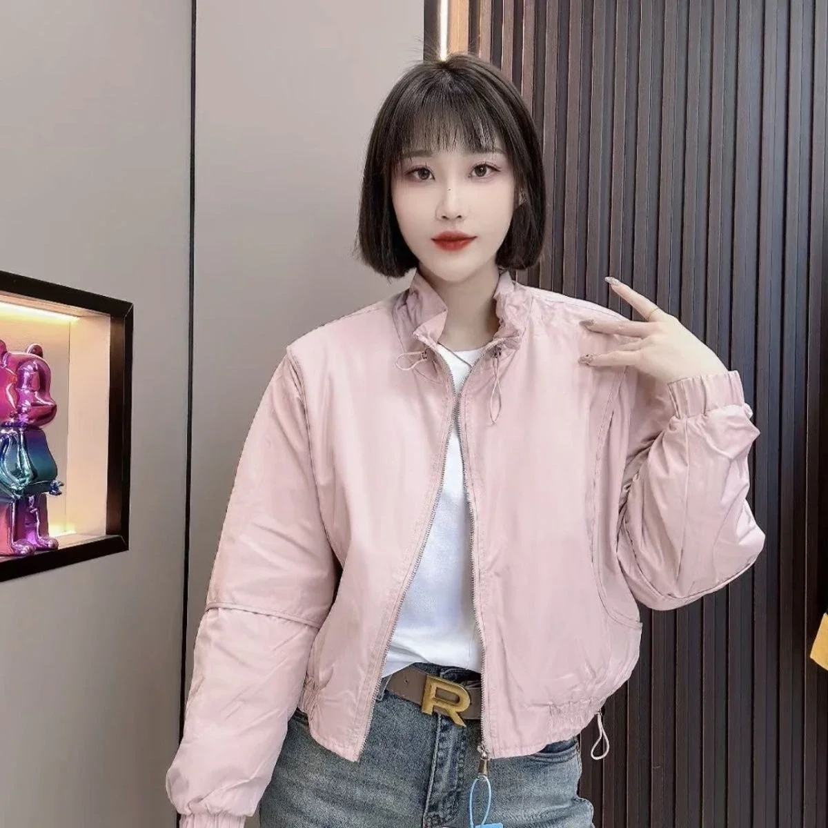 Women's 2026 Spring Korean Oversized Short Varsity Jacket Stand Neck Zip Up Casual Petite Outerwear