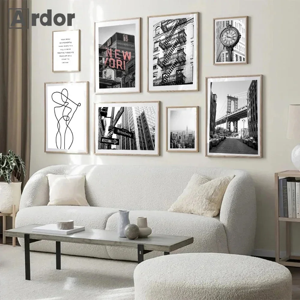 

Black White New York City Building Bridge Poster Broadway Clock Nordic Canvas Painting Print Wall Art Pictures Living Room Decor