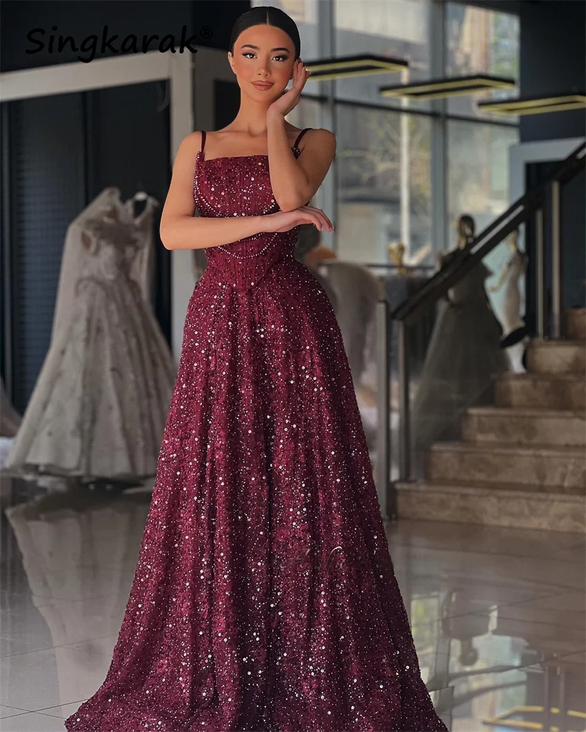 

Elegant Burgundy Luxury Evening Dresses 2025 Straps Beading Wedding Party Gown Saudi Arabia Prom Gown Customized