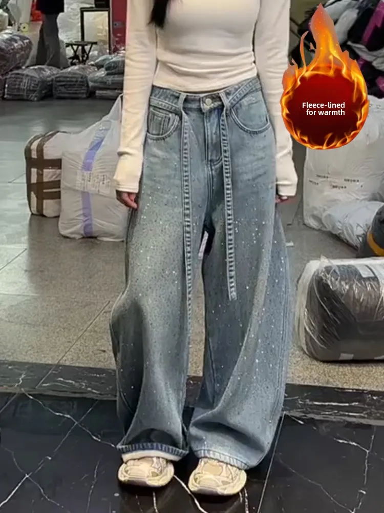 

Женские джинсы с широкими штанинами в пол, в американском ретро-стиле, из выцветшего денима, на флисовой подкладке, свободного кроя, с естественной линией талии