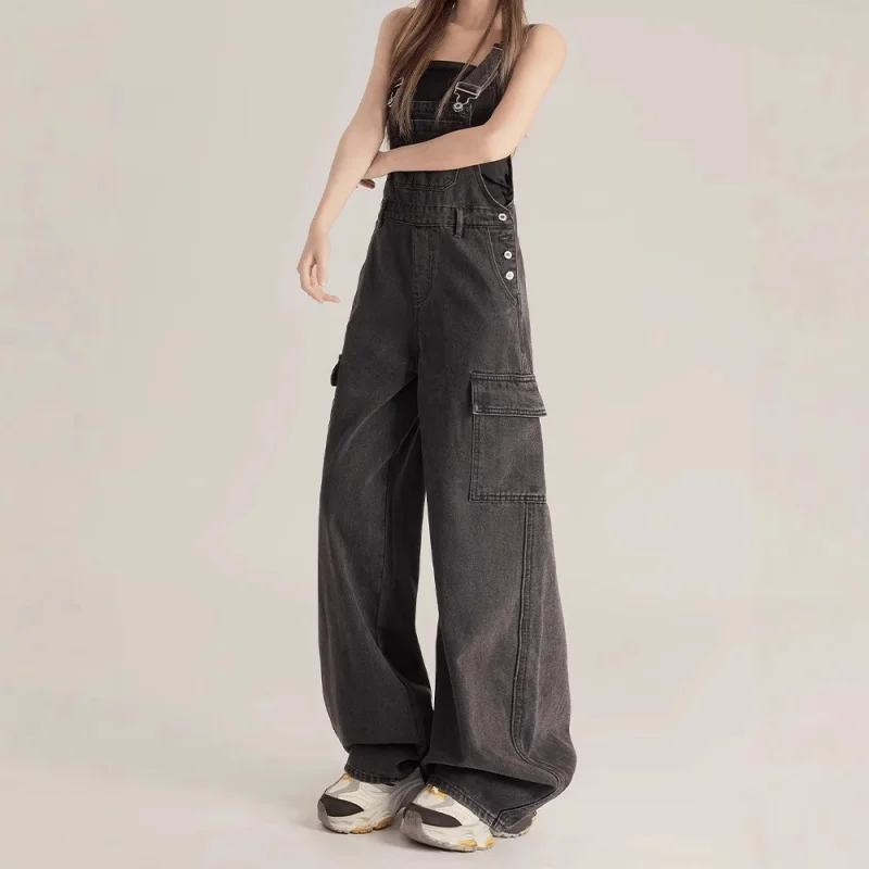 

Black And Gray Workwear Overalls Women, Spring And Autumn New Versatile Youthful American Fashion Loose Wide-Leg Pants