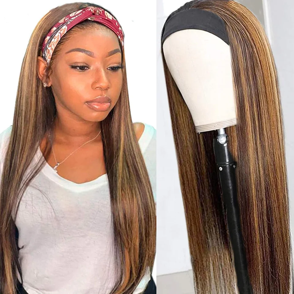 

Highlight Headband Wig Human Hair P4/27 Colored Bone Straight Human Hair Wigs Glueless Brazilian Scarf Machine Made Wigs On Sale