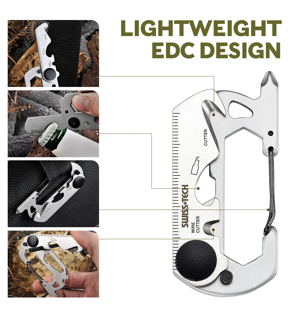 SWISS TECH 13-in-1 tragbare Mini-Multifunktionswerkzeuge, kleine Tasche, EDC-Werkzeug, Multitool-Set, Karabinerhaken, Wandern, Camping-Gadgets – Detail 6