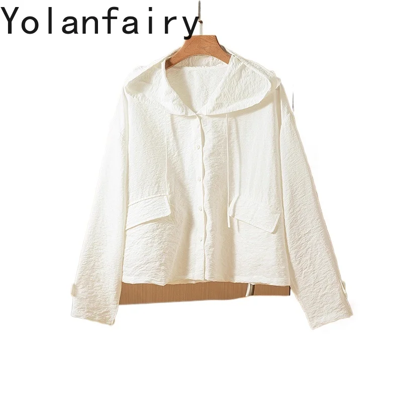 

YOLANFAIRY 76% Mulberry Silk Shirts Woman Loose Short Dry Silk White Shirt Hooded Casual Sun-protective Long Sleeve Shirts Top