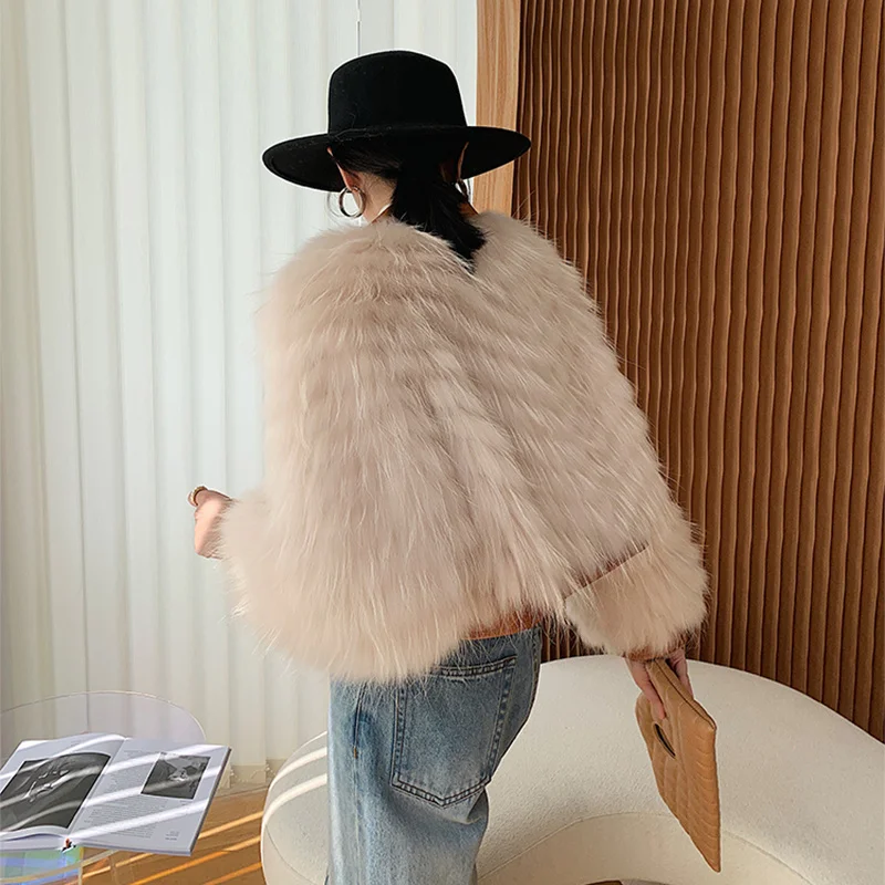 ฤดูหนาวขนสัตว์จริงแฟชั่นสำหรับผู้หญิง Raccoon Fur Patchwork สั้น Outerwear Sheepskin Lapel Single-Breasted Casual Lady Jacket