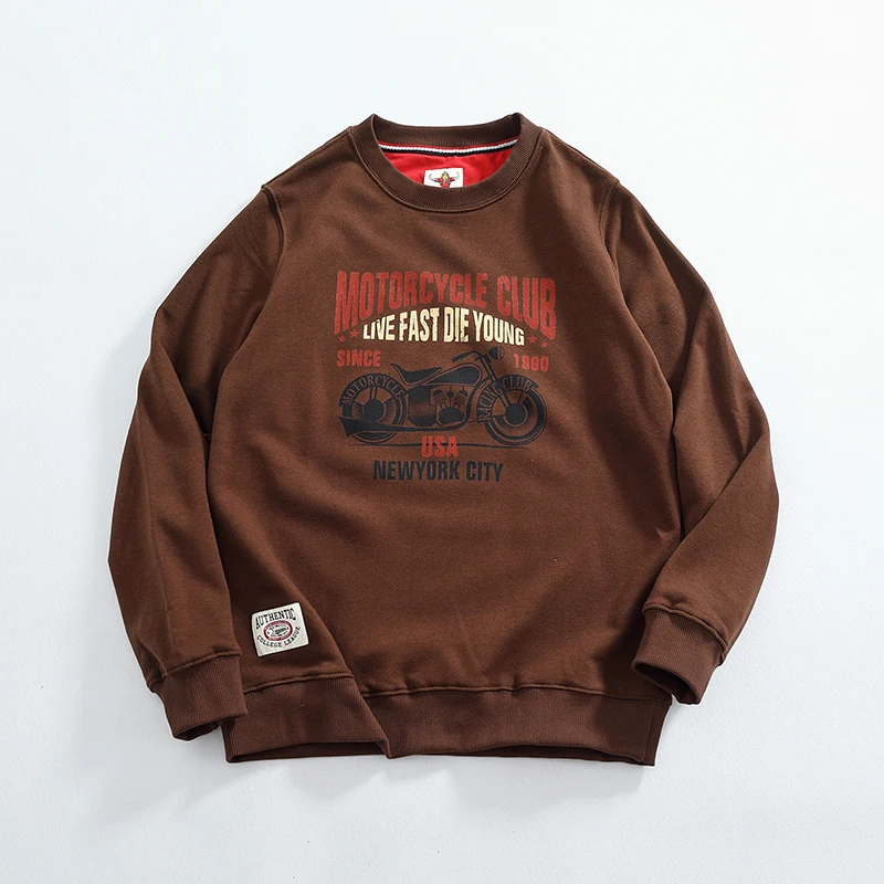 Vintage motorcycle printing thick texture hoodie men's round neck knitted wool circle cloth base shirt top tide