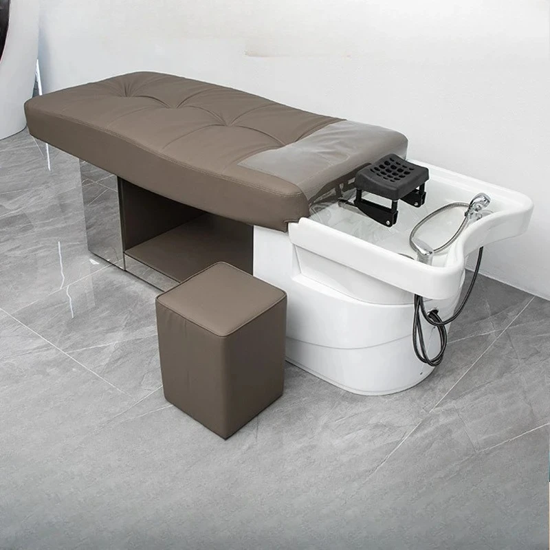 

BBarber shop shampoo full lying flush bed ceramic basin stainless steel hair bed