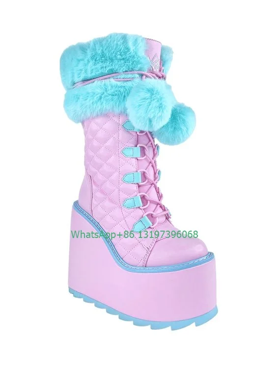 Lady baby pink blue PU platform design Y2K  boots punk blue style fur feather deisgn calf boots bohemia height top boots szie