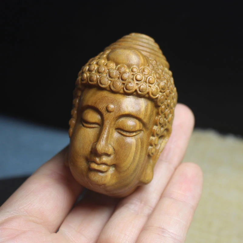 

Argentinian Green Sandalwood "A Thought at a Time" Handheld Ornament, Good and Evil Buddha Head Wood Carving Pendant, Collectibl