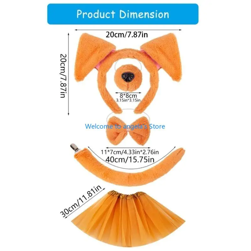 إكسسوارات أزياء الكلاب X4YC مع عصابة رأس على شكل آذان الكلب، وذيل، وتنورة توتو للهالوين، مجموعة ملابس حيوانات للأطفال الصغار #6