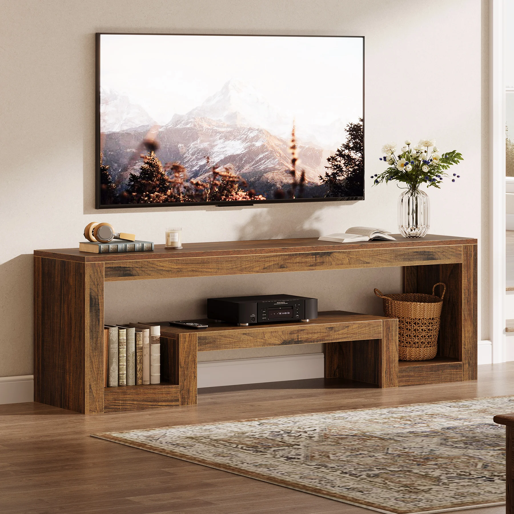 Tribesigns 63-Inch TV Stand for 55/60/65-Inch TVs, Farmhouse Entertainment Center with Open Storage Shelves, Rustic Brown Television Console for Living Room, Bedroom