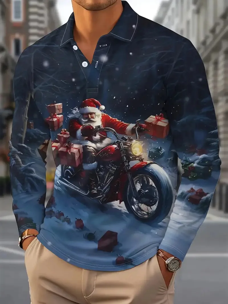 Polo gráfico de Papá Noel para motocicleta para hombre, camisas con solapa con tema navideño, divertido jersey de manga larga con estampado 3D