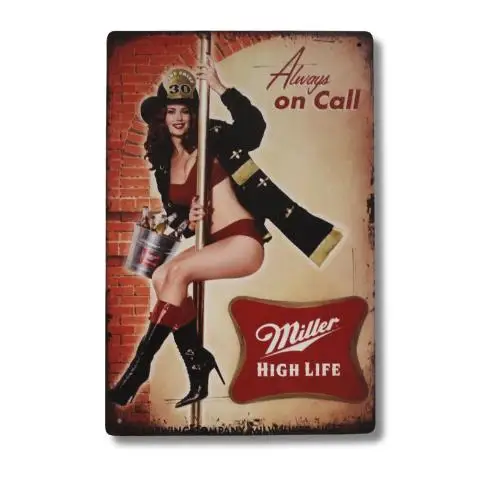 Y1,Beer Pinup Girl Tin Poster Sign Bar Man Cave Vintage Ad Firefighter-aluminum