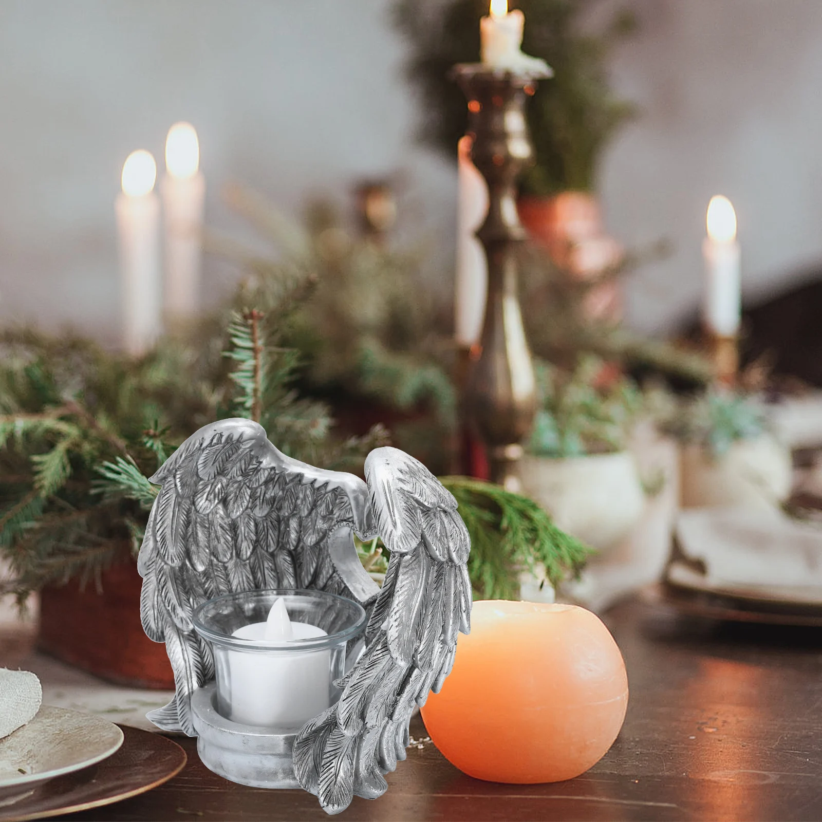 

Resin Wing Candlestick Holder Silver Miniature Flameless Home Decoration Retro Angel Design Religious Anniversary Gift