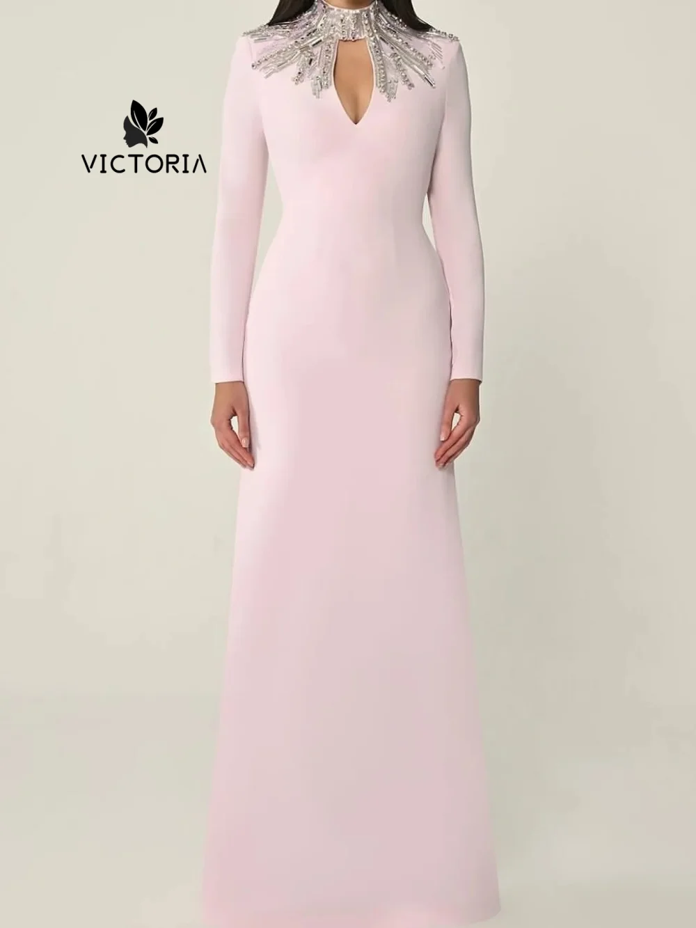 

Light Pink Lone Sleeve luxurious Beads High Neck women's Evening Dresses 2025 Women Dubai Party Long Dress Customized