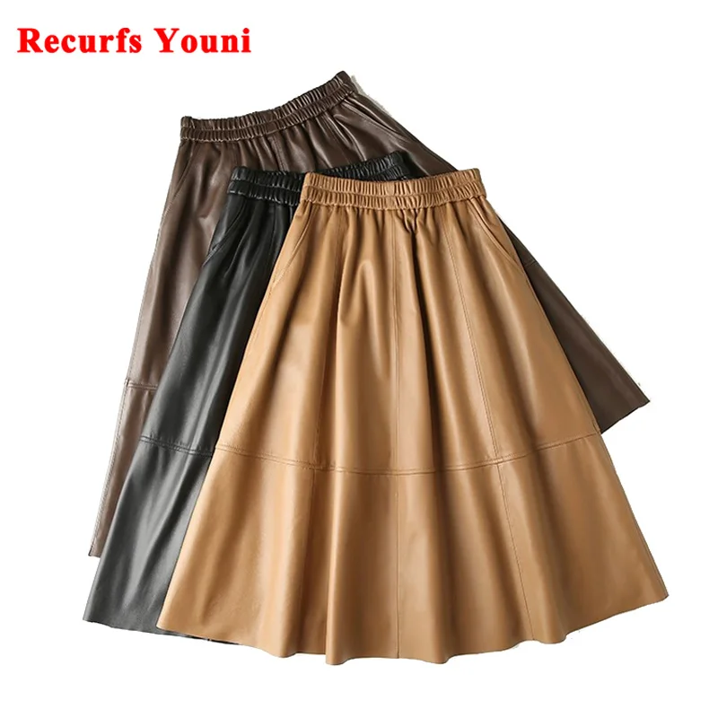 Casual Leather Skirt For Women Harajuku Lazy Style A-line Pockets Pleated Calf Long Jupe Femme Elastic Waist Beige Ropa Coreana