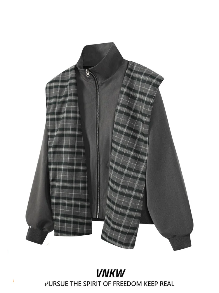 

American Retro Plaid Splicing Fake Two-Piece Jaet Men's Loose ape Casual All-Match Zipper Workwear Jaet Trendy