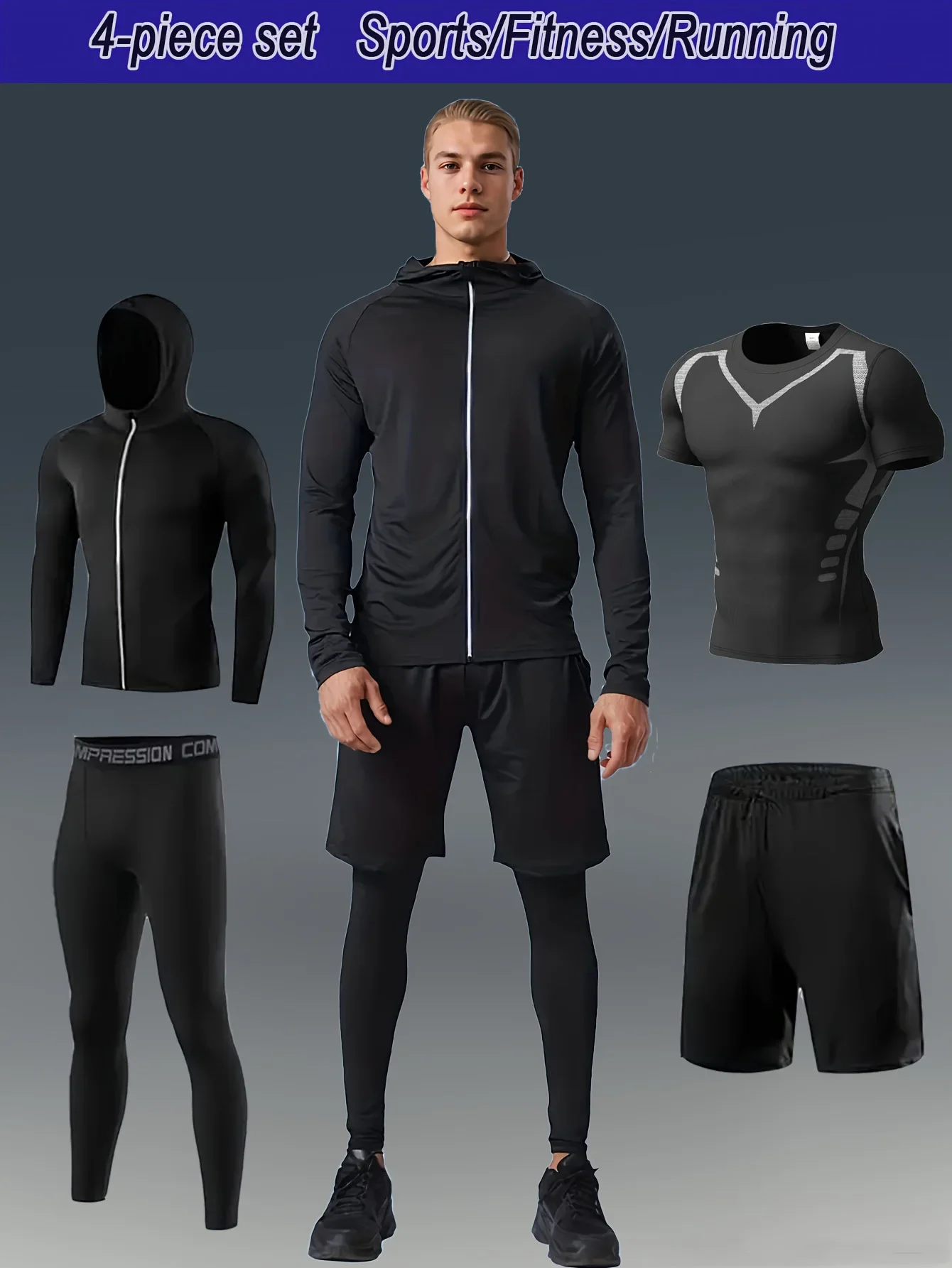 

Men's 4 piece compression sports suit, stretch fitness and basketball gear, suitable for all season sports and fitness clothing