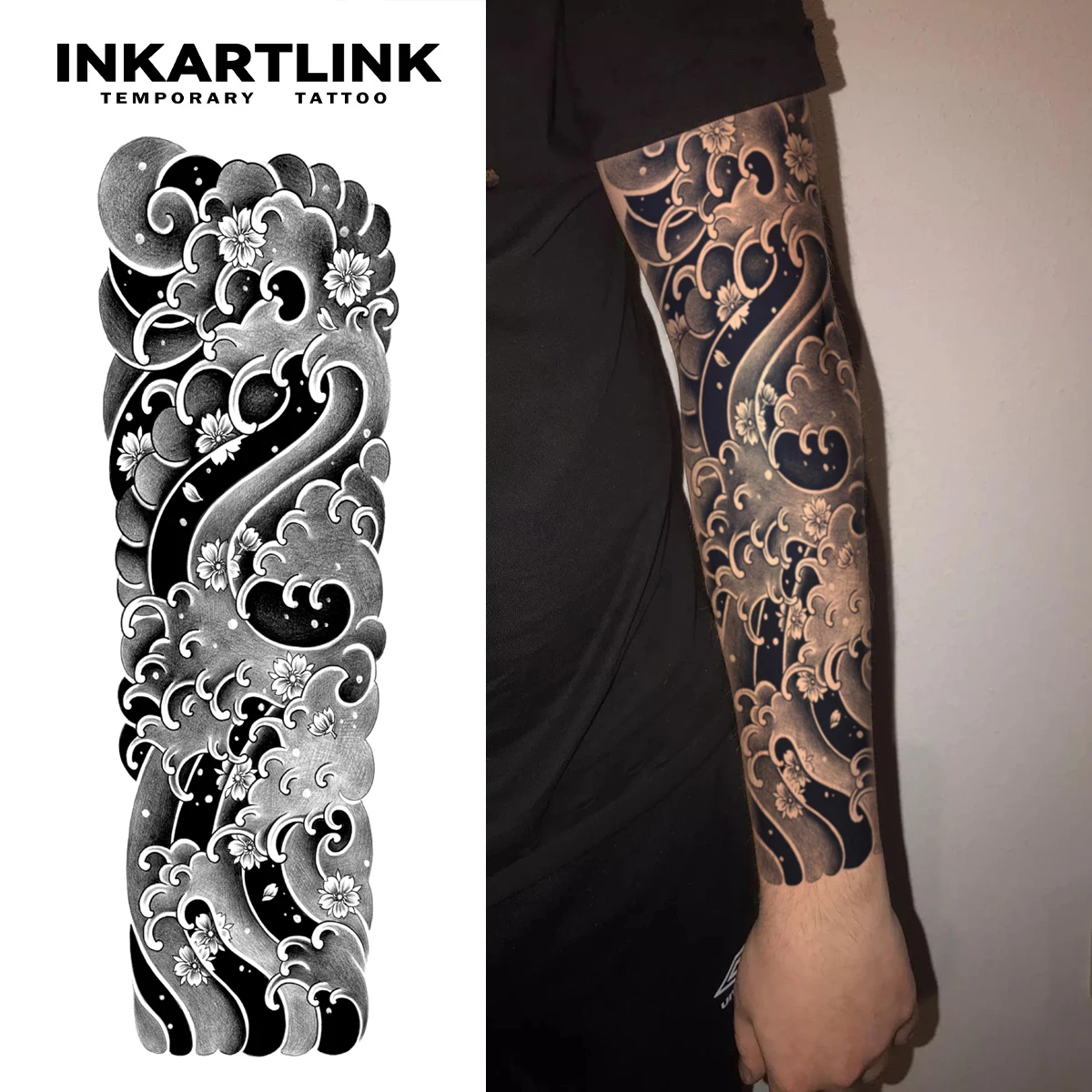 Waves And Cherry Blossoms Temporary Tattoo,Lasts To 15 Days New Technology Magic Waterproof Semi Permanent Sticker,For Men.