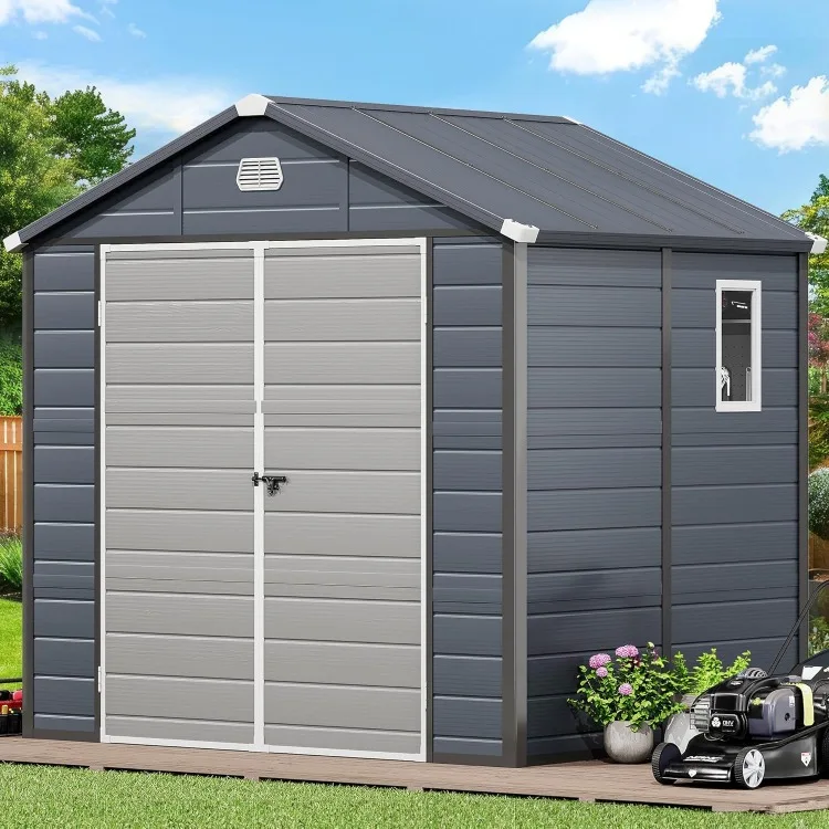 8x6.2FT Outdoor Resin Storage Shed w/o Floor, All-Weather Plastic Shed with Lockable Doors, Window & Vents, Plastic Tool Shed