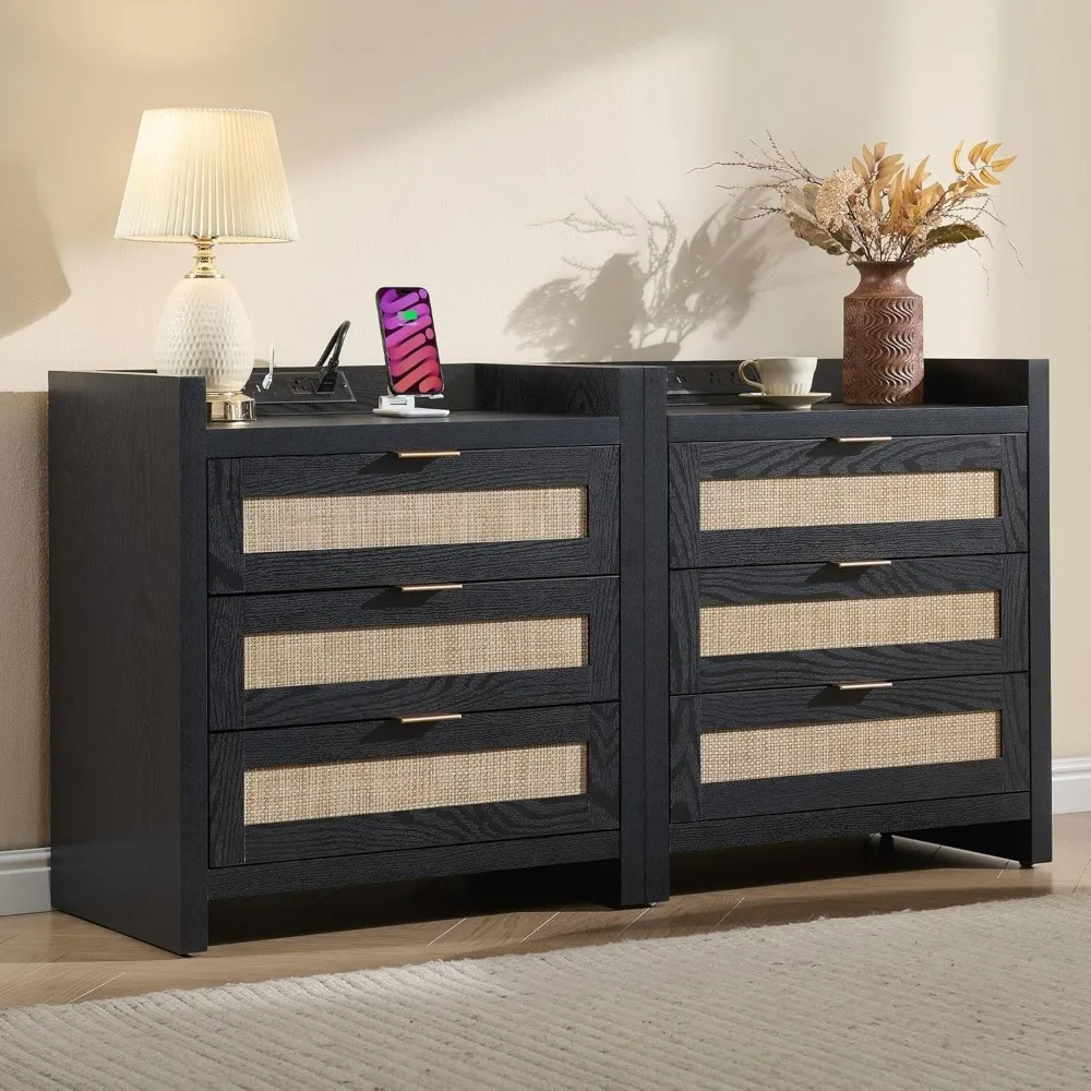 

Nightstands Set of 2 Bedside Table - Larger Rattan Night Stand with Type-C Charging Station, 3 Drawers Storage