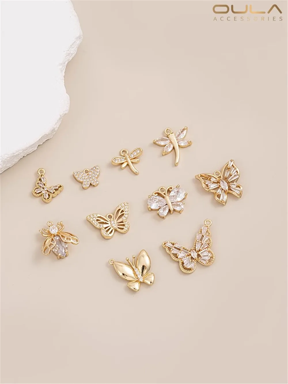 14K Gold-Color Plated Micro Inset Zircon Small Butterfly Dragonfly Bee Pendant Handmade Diy Bracelet Pendant Earring