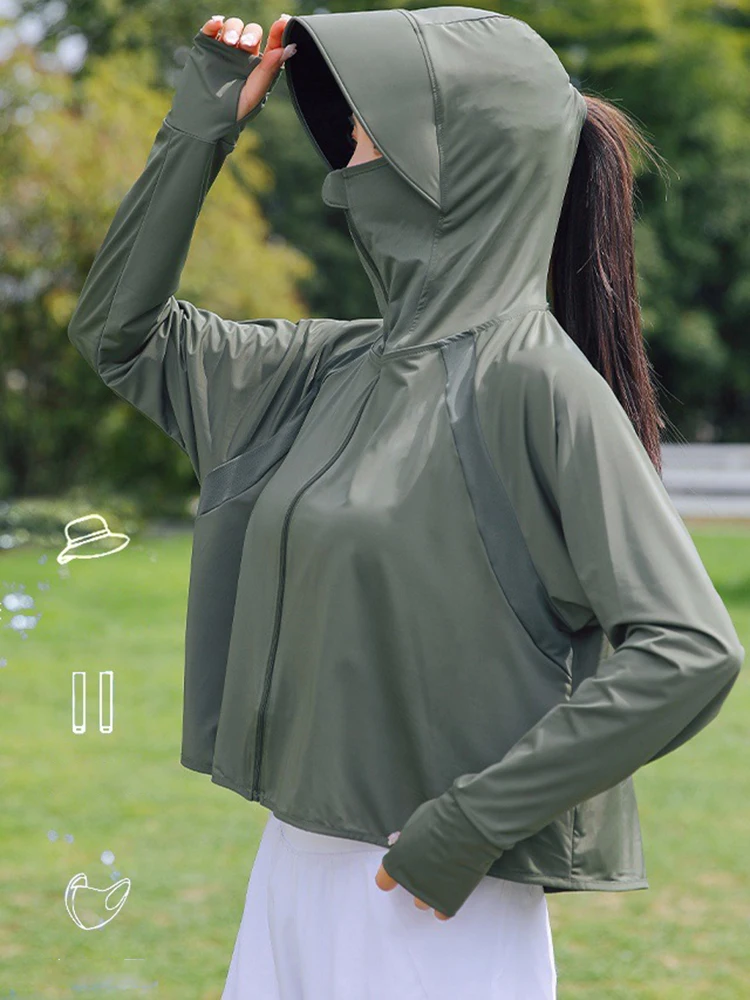 Summer Women's Sun Protective Clothing Breathable Traveling Brim Ponytail Hole Sun Hoodie Detachable Shopping Long-Sleeved Shirt