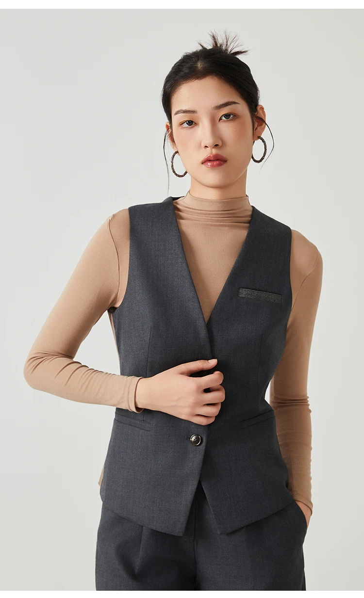K2548W Damen Ärmellose Weste aus Wollmischung mit V-Ausschnitt und Knopfleiste, tailliert, für Büro, als Layering-Oberteil – Detail 13
