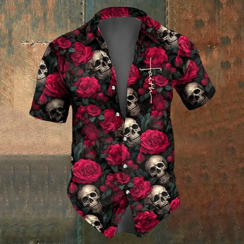 Camisa de manga curta estampada com caveira masculina, blusa larga com lapela larga, preto e branco, roupa casual de verão