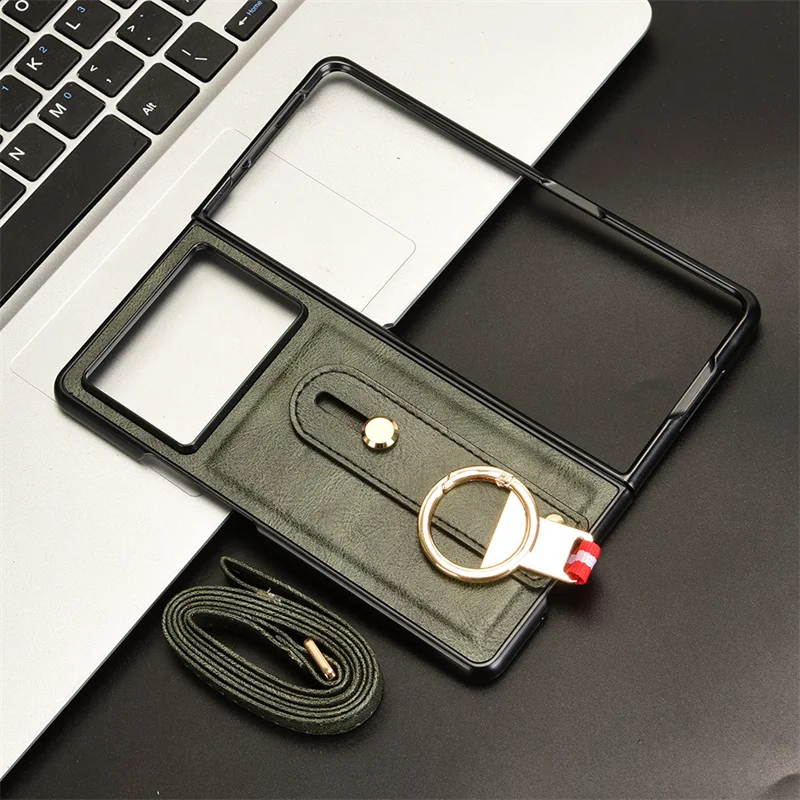 For Tecno Phantom V Fold 2 Case Portable Leather Bracket Wristband Cover For Tecno Phantom V Fold2 5G Rope Strap Lanyard Shell