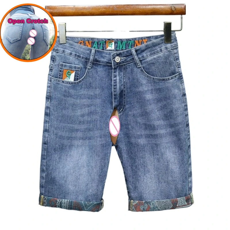 

Men's Denim Shorts Invisible Zipper Open Pants Summer Thin High-end Elastic Loose Straight Printing Thin Five-point Medium Pants