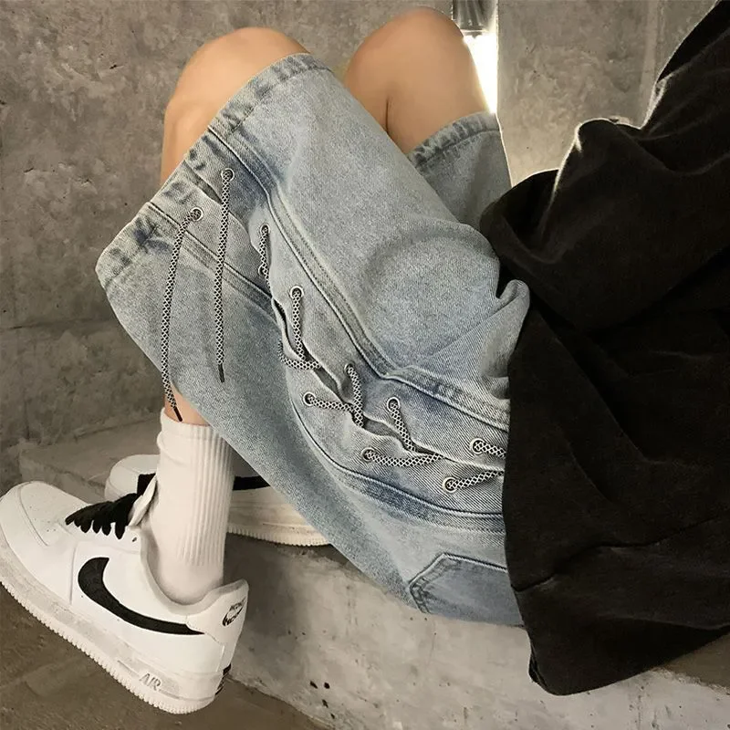 Women Denim Shorts Casual Loose Wide Leg Pants for Women Summer Vintage Drawstring Shorts Female High Streetwear Women Clothing