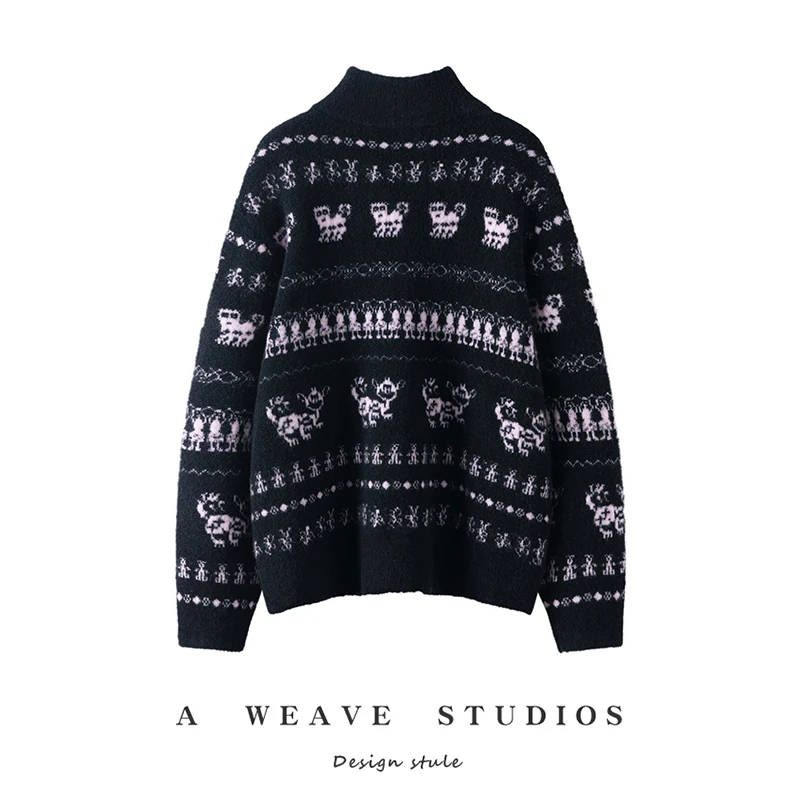 2026 autumn and winter new retro jacquard cashmere cardigan sweater women's zipper knitted black stand collar thick cashmere swe