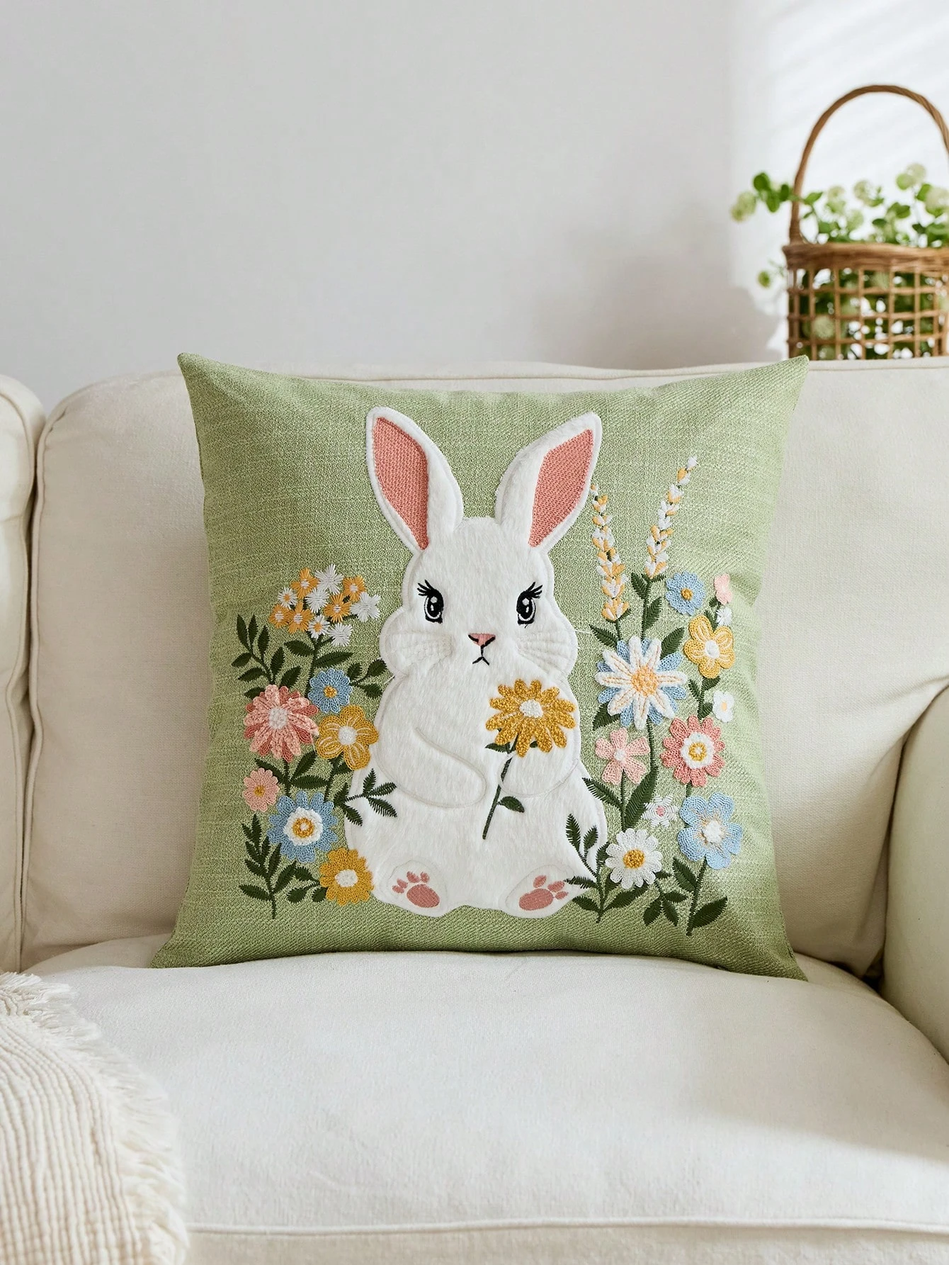 1pc Easter Bunny Holding Flower Pillow Covers - Polyester, 2D Double-Sided Printed, Green Pillow Cases for Sofa & Bedroom, Perfe